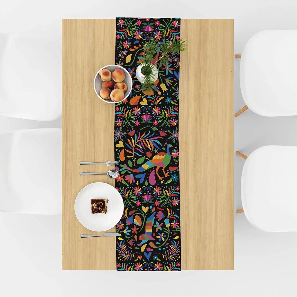 Mexican Fiesta Birds Floral Linen Table Runner Party Decor Reusable Day of The Dead Table Runner Kitchen Dining Table Decor colegio culinario de morelia