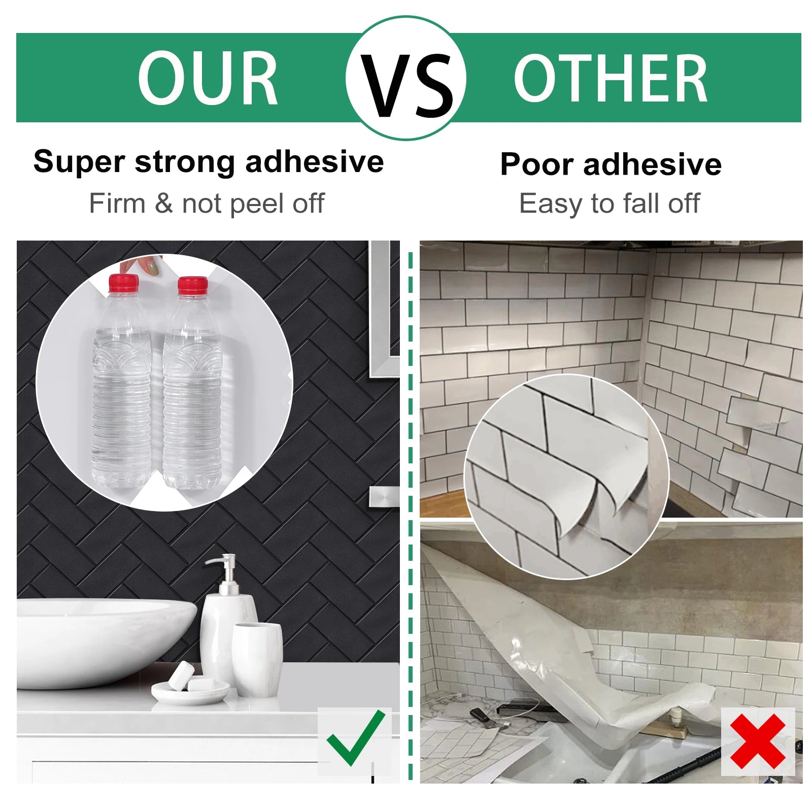 10 Pieces Peel and Stick Herringbone Wall Tiles DIY Kitchen Backsplash Big SIze Wall Sticker Waterproof Vinyl Wallpaper for Home Chef's Market