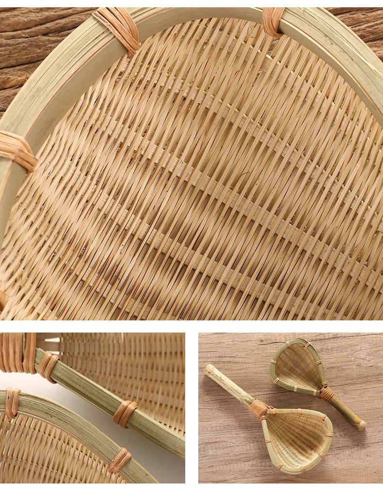 Bamboo weaving colander kitchen bamboo dustpan draining bamboo basket rice sieve scoop fruit basket kitchen storage organizer Chef's Market