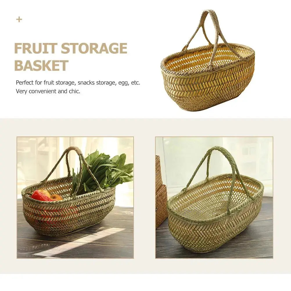 Ergonomic Handle Bamboo Shopping Basket Kitchen Fruit Storage Vegetable Holder Home Storage ganization Weaving Baskets Harvest colegio culinario de morelia