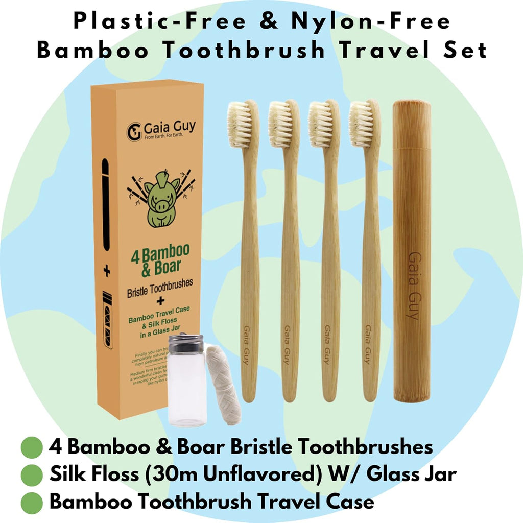 Bamboo and Boar Bristle Toothbrush (4 Pack) + Travel Case & Silk Dental Floss | 100% Compostable Bristles and Floss | Eco-Friendly Dental Set | Biodegradable & Compostable Wooden Toothbrushes