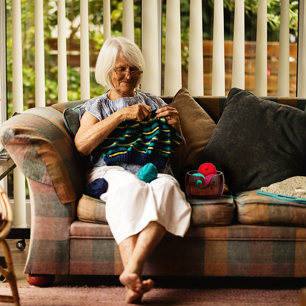 Elegant 1 Set Handcrafted Wooden Yarn Bowl with Lid & 12 Bamboo Crochet Hooks - Wool Yarn Holder Organizer for Knitting Enthusiasts - Artistic Craft Storage - Perfect for Crochet Projects Chef's Market