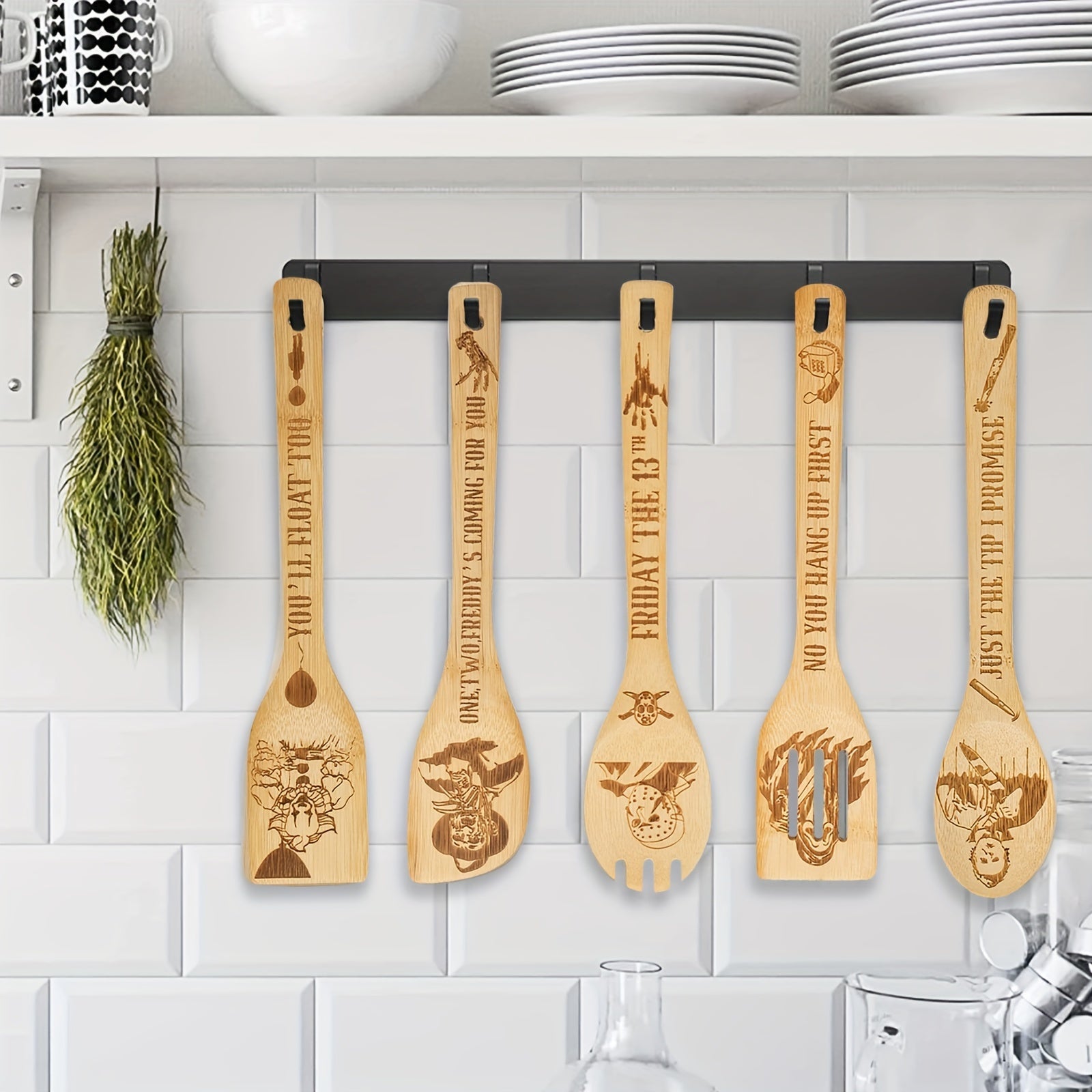 5Pcs Cooking Spoons, Funny Engraved Wooden Cooking Spoons, Horror Character Bamboo Wood Utensils, Cookware Kit, Horror Movie Theme Kitchen Decor, Gift For Movie Lover, Christmas Party Housewarming Birthday Gift Chef's Market