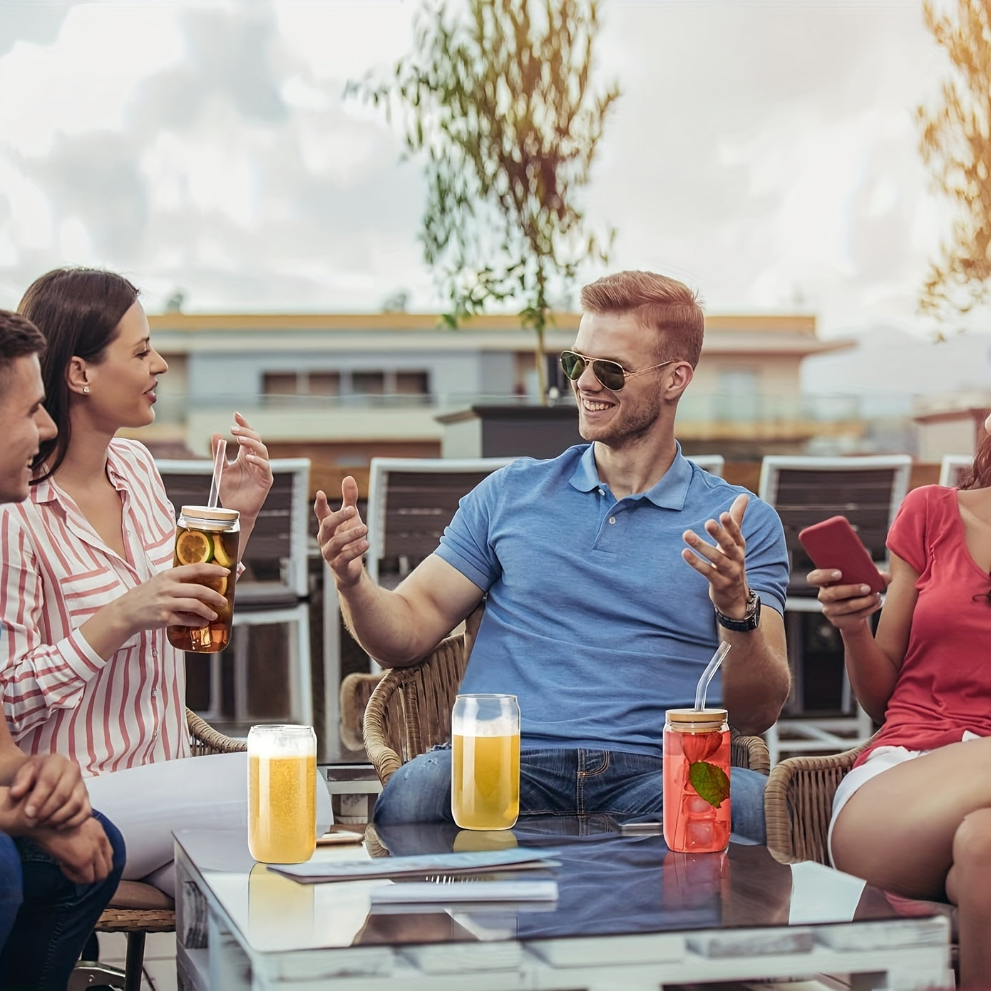 500ml/16 oz Clear Glass cup with Bamboo Lid and Straw - Great for Juice, Beer, Milk, Cute Breakfast Cups Chef's Market