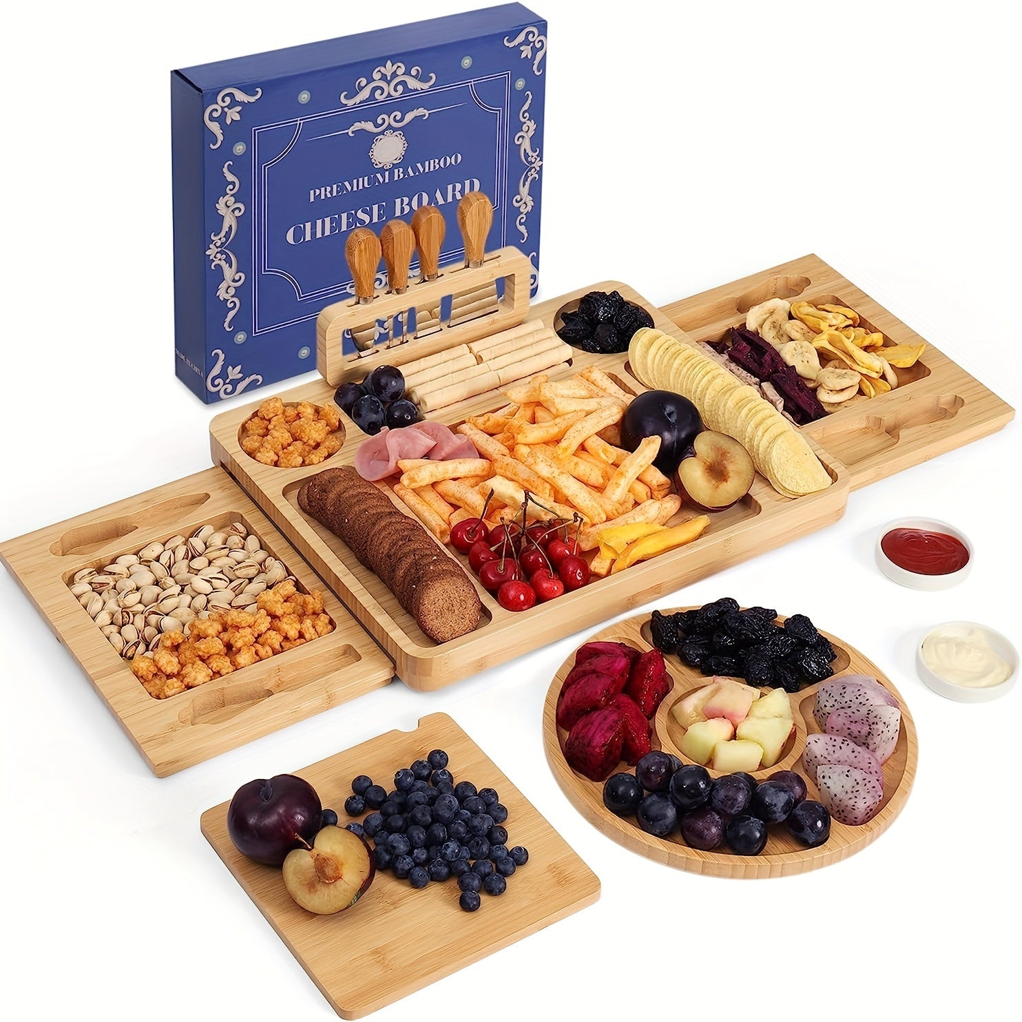 Premium Bamboo Cheese Board Set with Knife, Fork, and Spoon - Perfect for Christmas, Thanksgiving, Easter, Halloween, and More - Includes Cheese Board, Fruit Platter, and Dipping Sauces Chef's Market