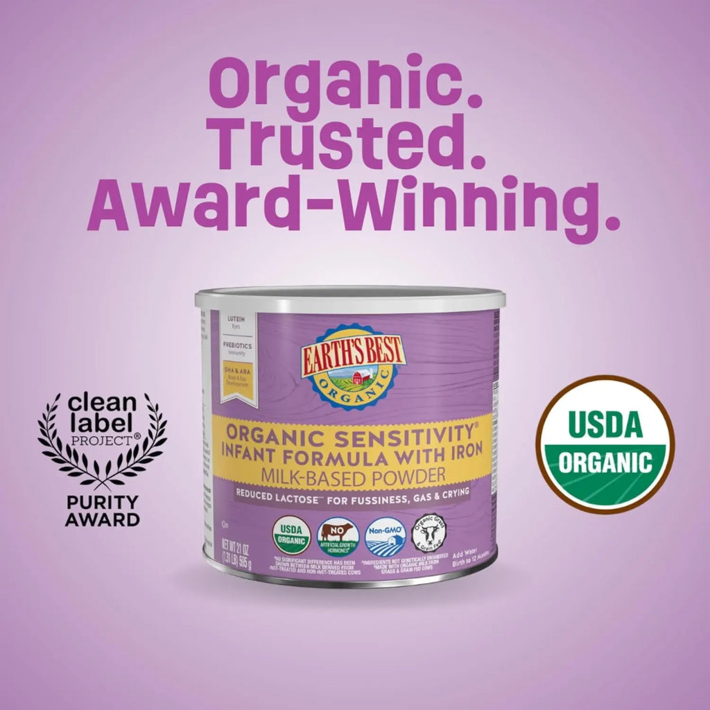 Organic Sensitivity Infant Formula, Babies 0-12 Months, Reduced Lactose, Iron, Omega-3 DHA, Omega-6 ARA, Organic Baby Formula, 21 Ounce Container