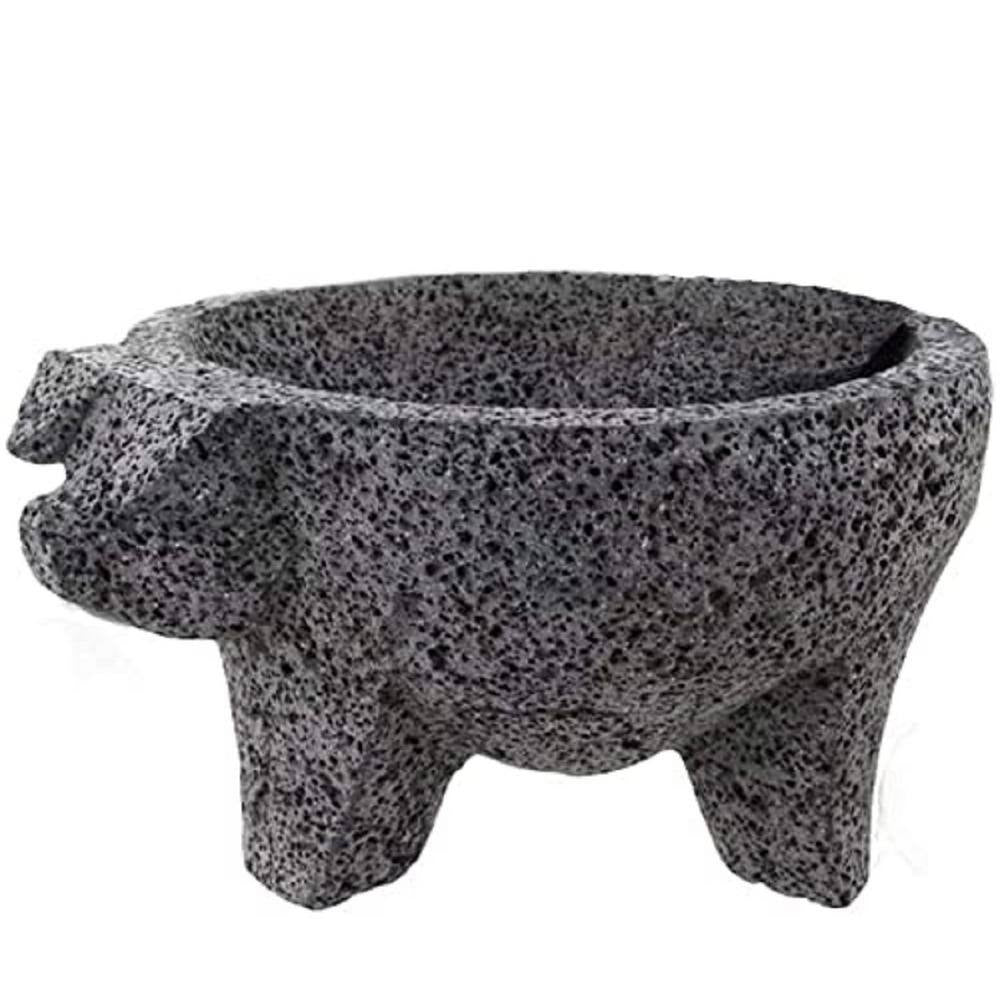 8.6 In. Mexican Hand-Made Lava Stone Mortar and Pestle Ideal as Herb Bowl, Spice Grinder Pig Design