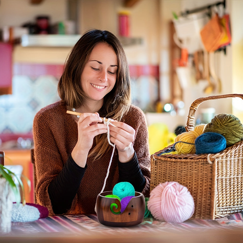 Elegant 1 Set Handcrafted Wooden Yarn Bowl with Lid & 12 Bamboo Crochet Hooks - Wool Yarn Holder Organizer for Knitting Enthusiasts - Artistic Craft Storage - Perfect for Crochet Projects Chef's Market