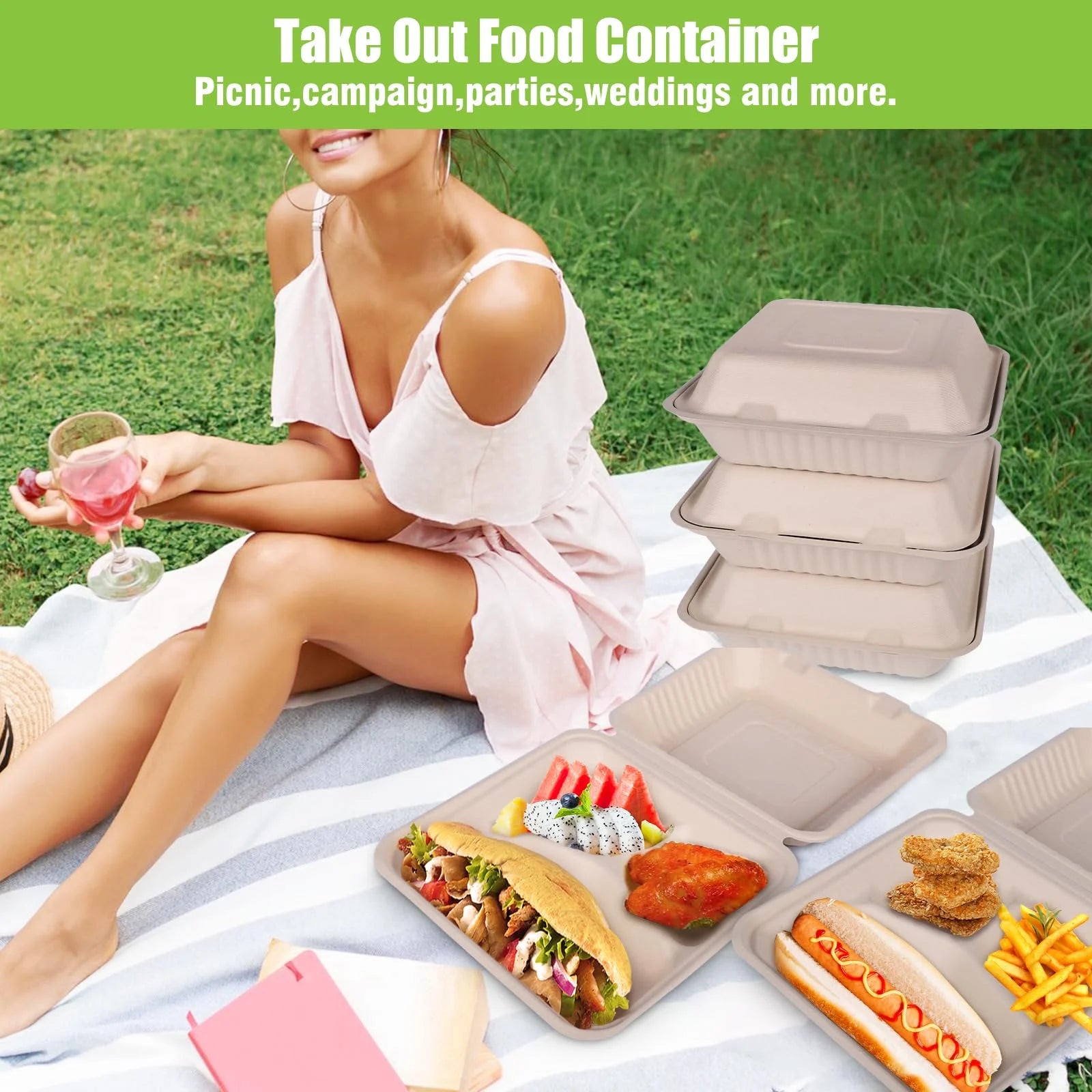 200Pack Compostable Take Out Container 10X10, Disposable to Go Food Boxes with 3 Compartments, Biodegradable Clamshell Container