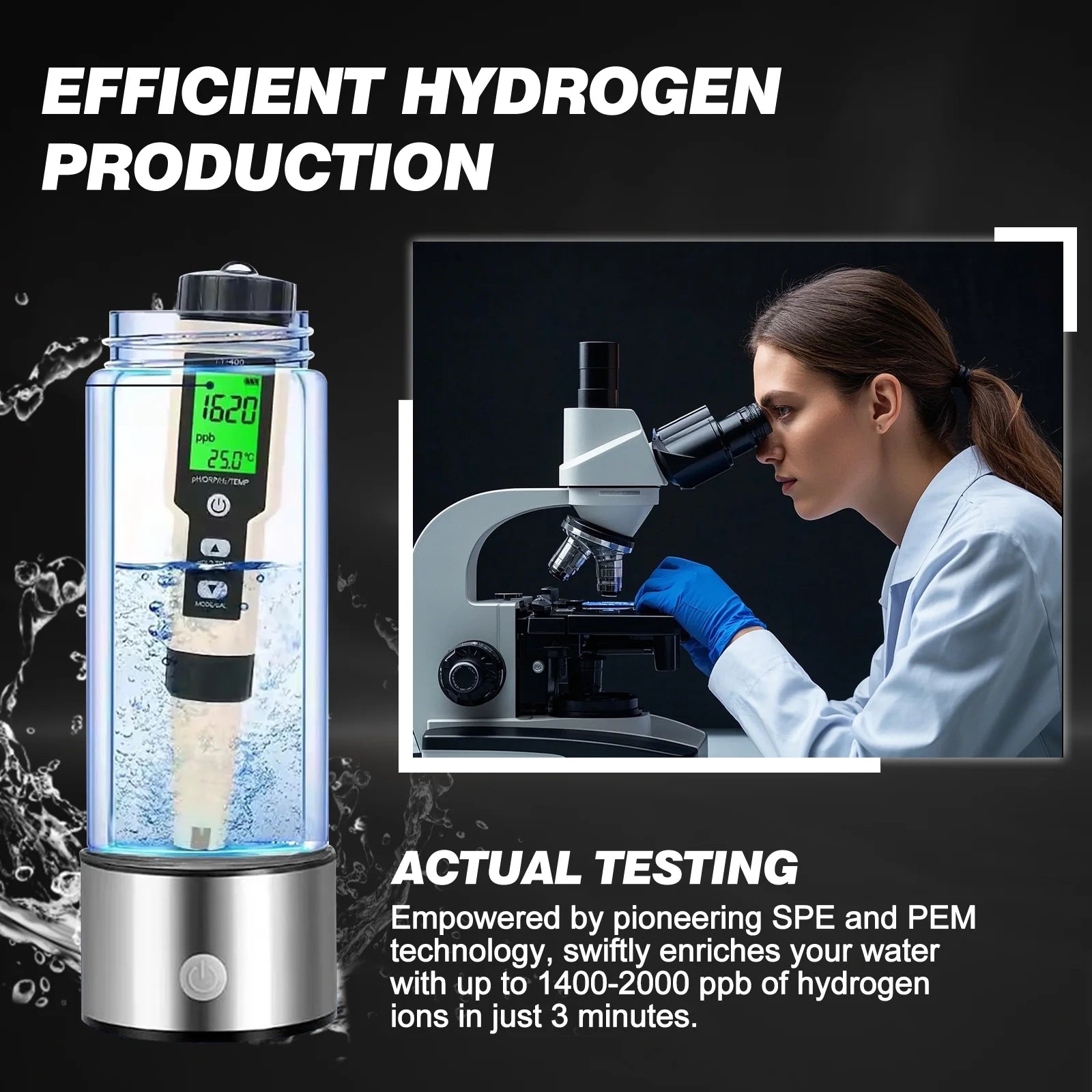 Hydrogen Water Bottle - Portable Hydrogen-Rich Water Generator with SPE/PEM Technology, Rechargeable, Suitable for Purified & Distilled Water