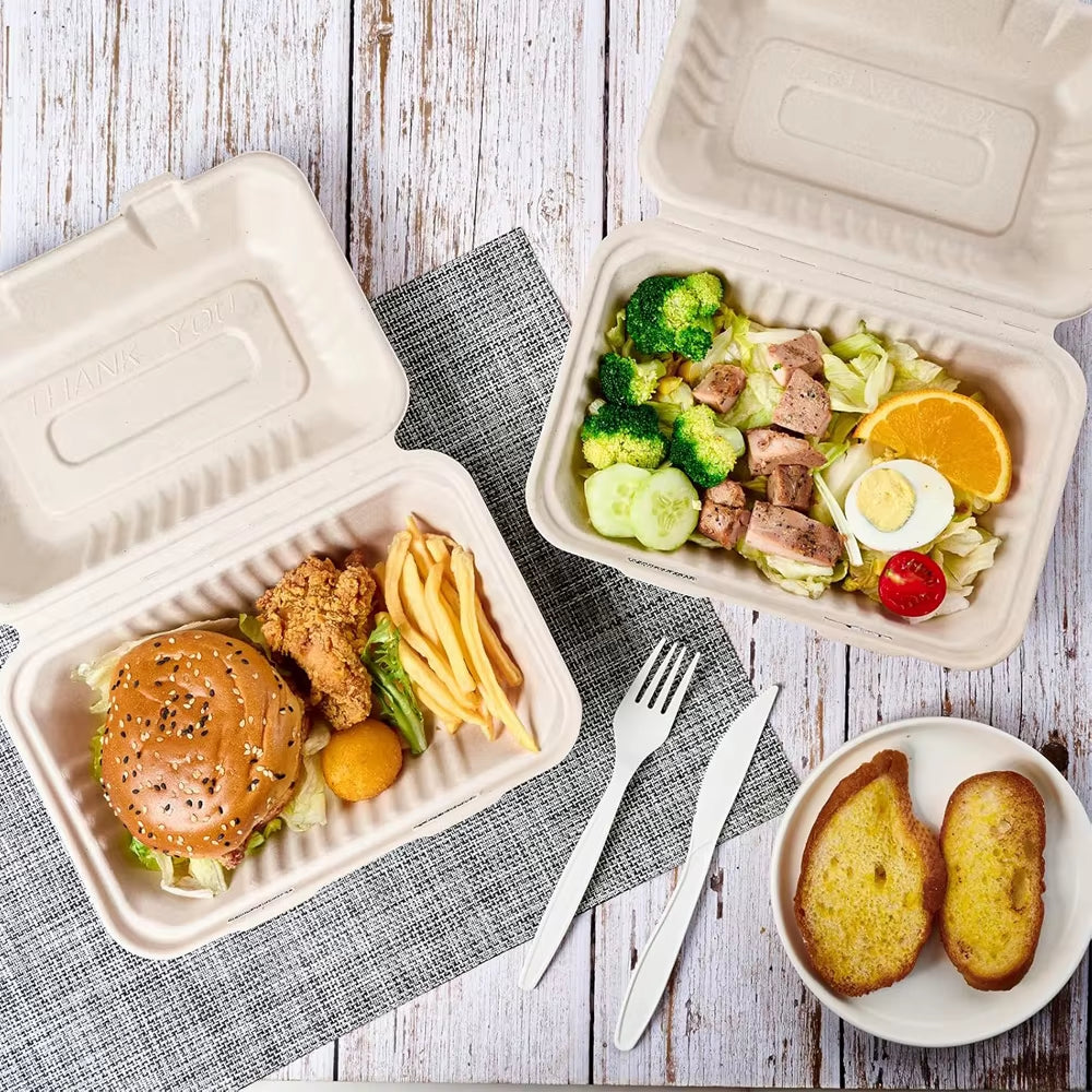 Clamshell Take Out Food Containers Compostable to Go Containers Disposable, 9X6 Inch Heavy-Duty to Go Boxes, Eco-Friendly