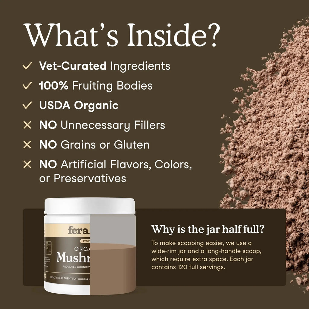 Mushroom Supplement for Dogs & Cats - with Turkey Tail - USDA Organic - Promotes Cognitive & Immune Health - 120 Scoops