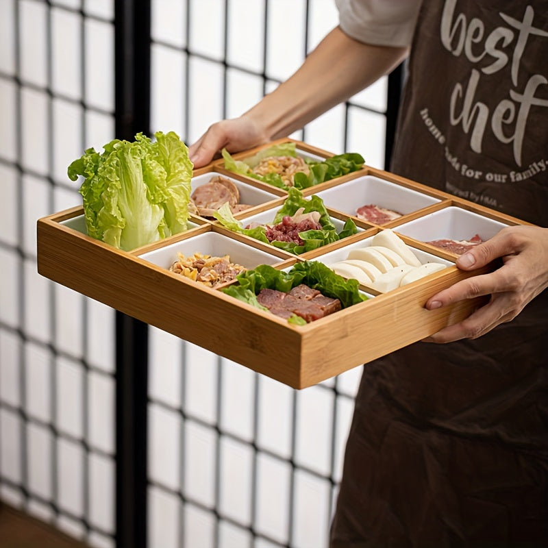 1pc Bamboo Divided Tray With Dish, Hotel Hot Pot Restaurant Cutlery, Divided Grill Tray For Sauces Around The Stove, Boiled Tea Dried Fruit Plate, For Home Restaurant Hot Pot Shop, Table Decors, Serveware Accessories Chef's Market