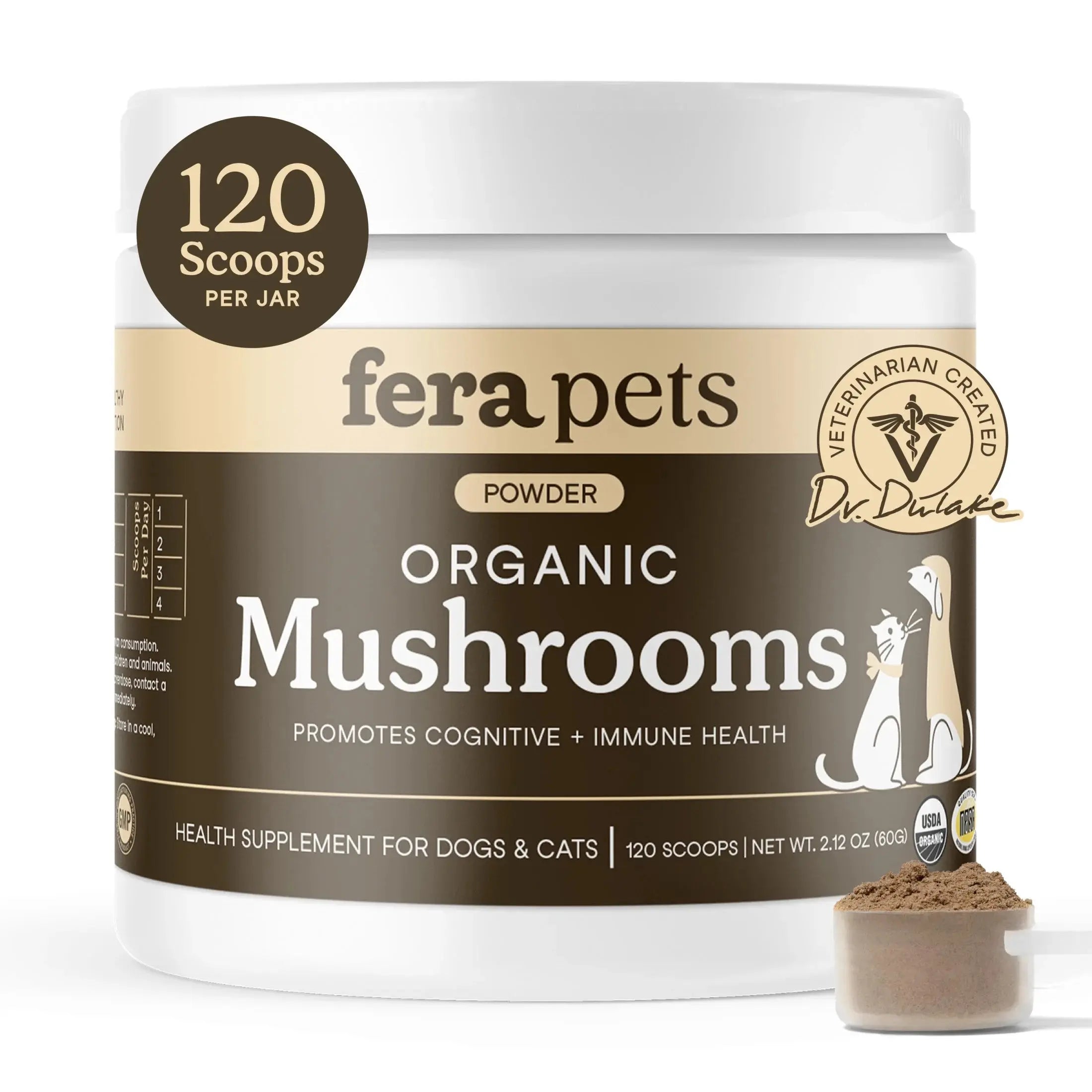 Mushroom Supplement for Dogs & Cats - with Turkey Tail - USDA Organic - Promotes Cognitive & Immune Health - 120 Scoops