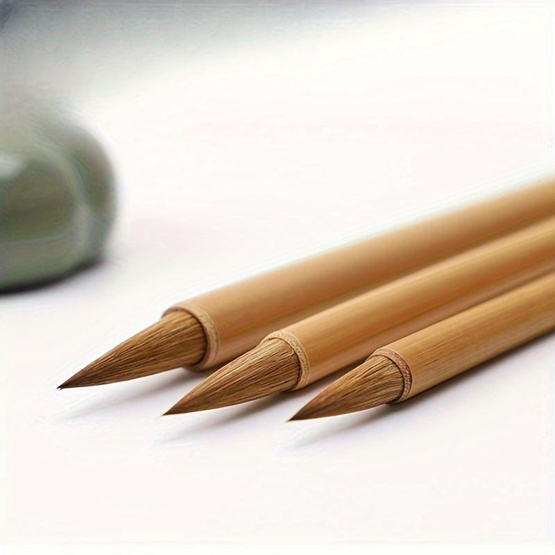 3 Pcs Bamboo Calligraphy Brushes - Suitable for European, Yan, Liu, Zhao Bodies and Landscape Painting - Wooden, Water Washable, Twist Closure, Round Body, Fine Point Chef's Market