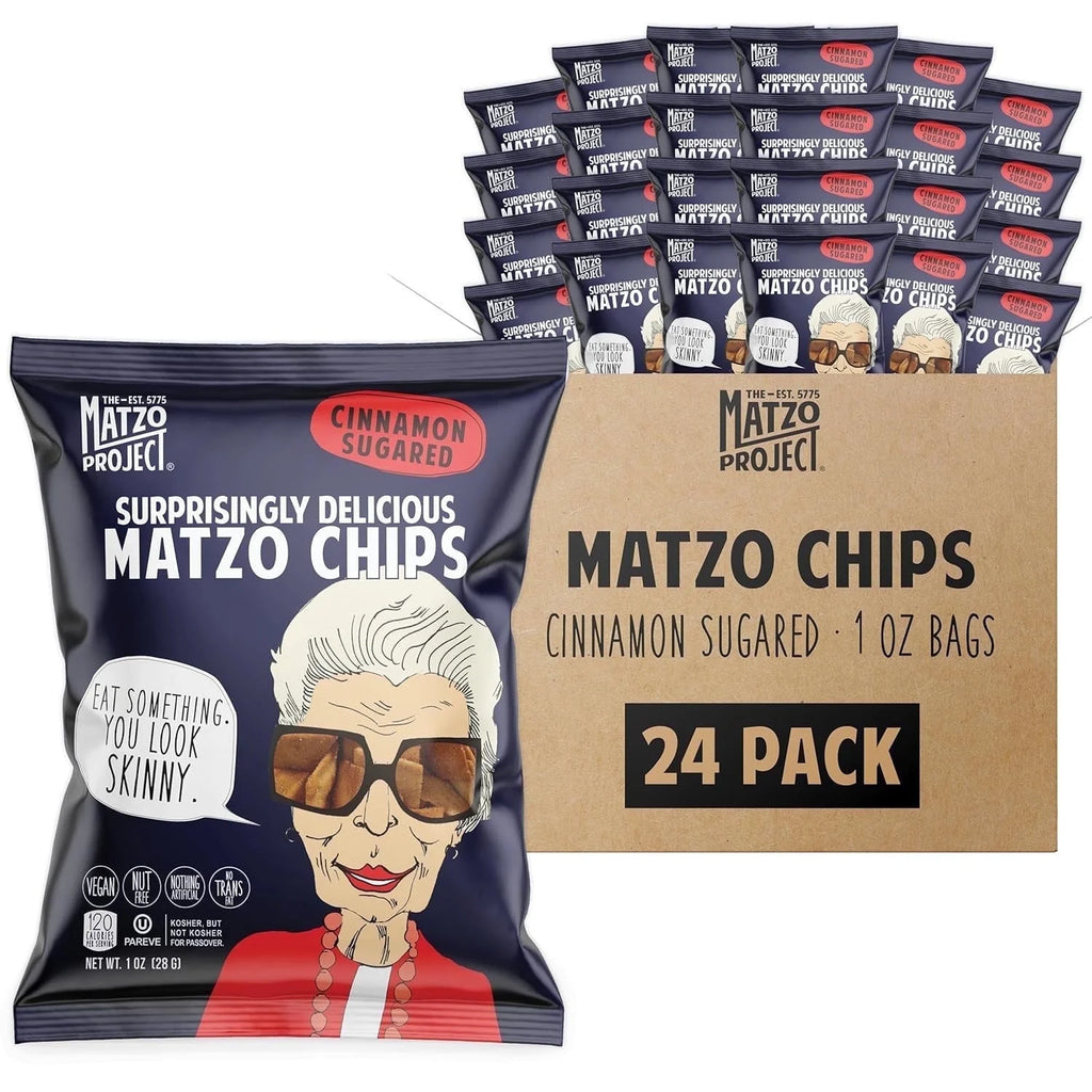 Matzo Chips, Cinnamon Sugared, Kosher (Not Kosher for Passover), Vegan, Nut-Free, Nothing Artificial (1 Oz, 24 Snack Bags)
