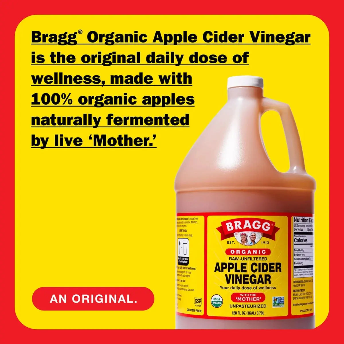 Organic Apple Cider Vinegar with the Mother, Raw and Unfiltered, 128 Fl Oz