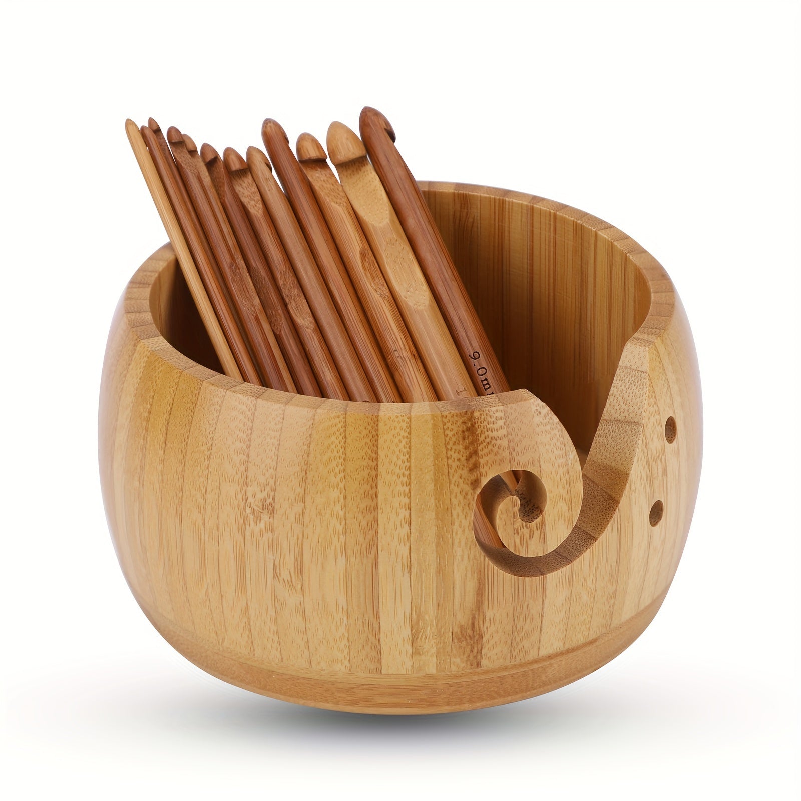 Elegant 1 Set Handcrafted Wooden Yarn Bowl with Lid & 12 Bamboo Crochet Hooks - Wool Yarn Holder Organizer for Knitting Enthusiasts - Artistic Craft Storage - Perfect for Crochet Projects Chef's Market
