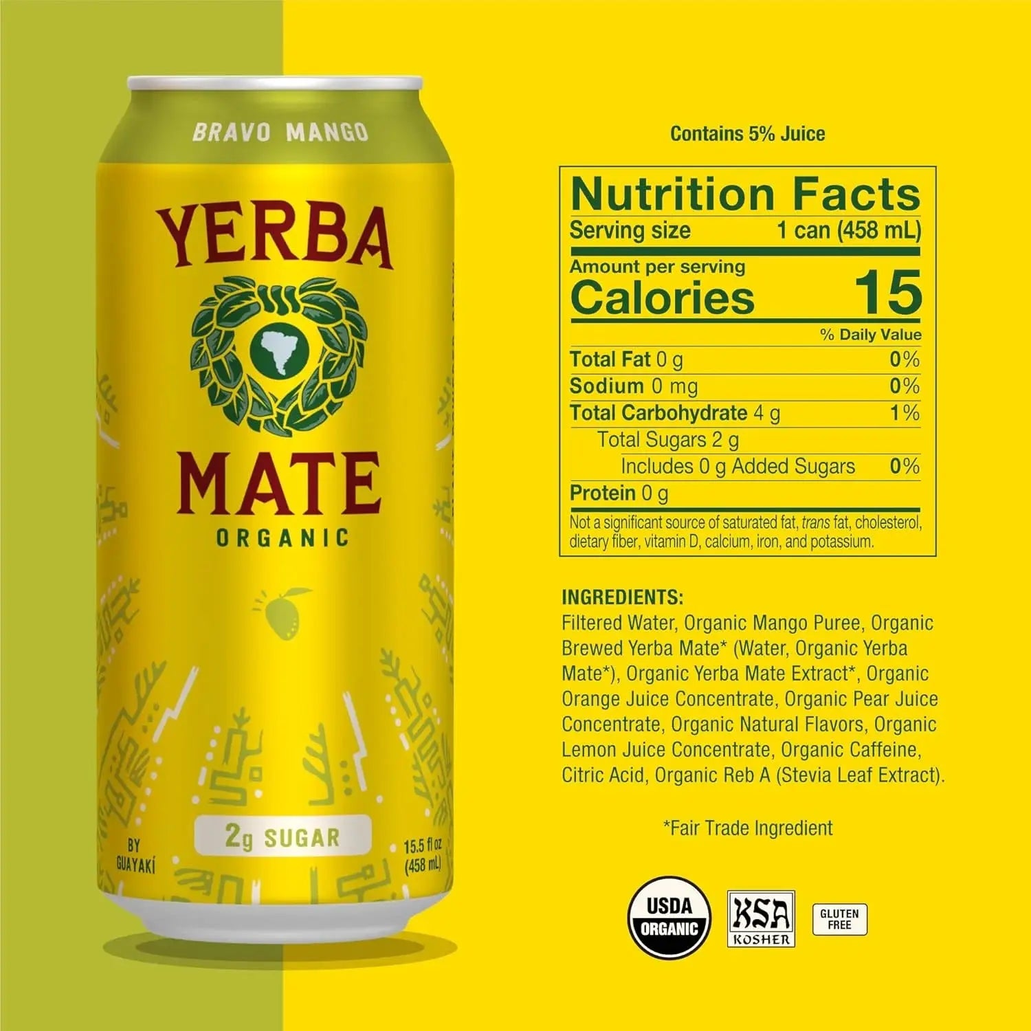 Guayakí Yerba Mate, Organic Energy Drink Alternative, Bravo Mango, Low Sugar, 150Mg Natural Caffeine, Better for You Energy & Focus, No Jitters or Crash, 15.5 Oz (Pack of 12)