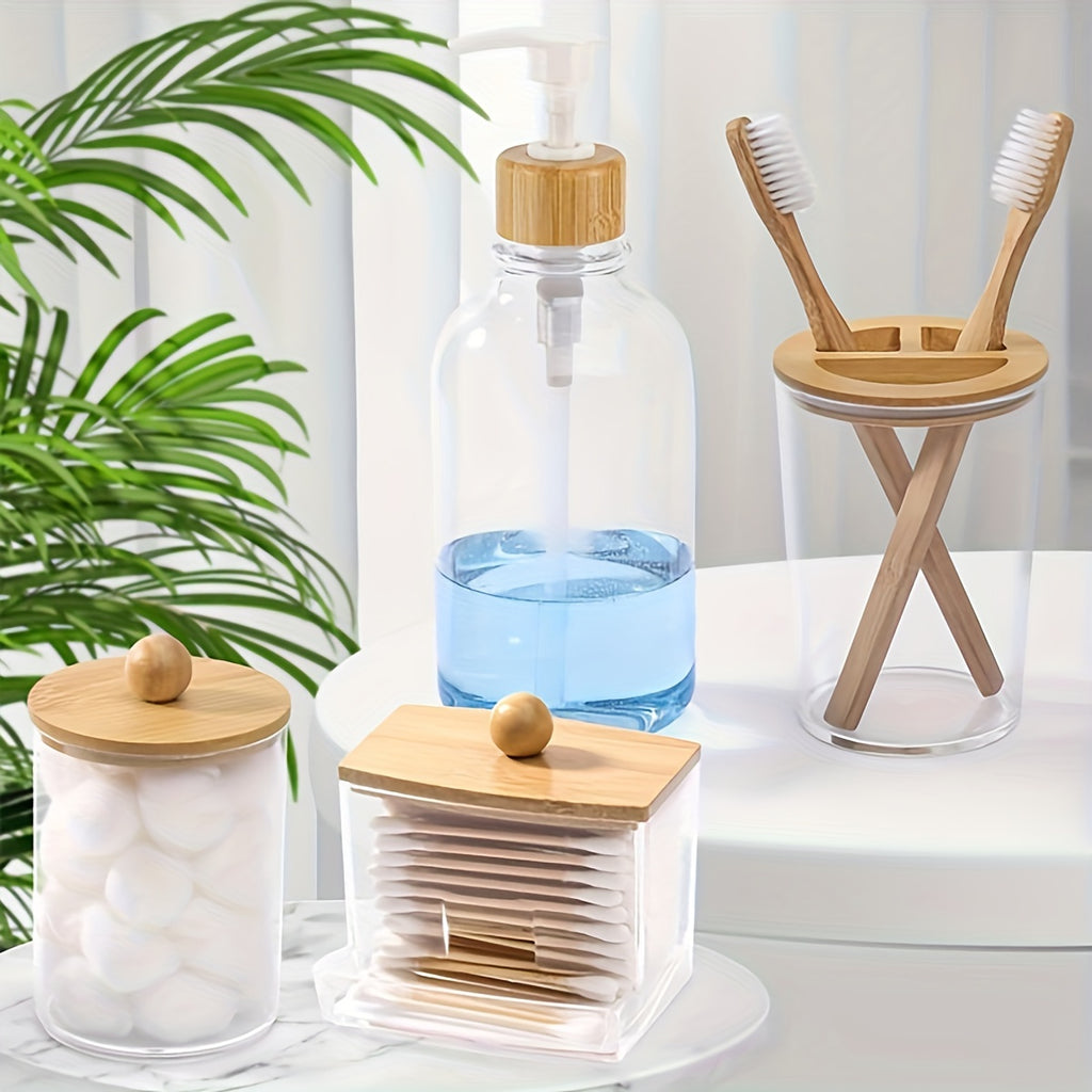 4pcs Bamboo Bathroom Accessory Set, Plastic Bath Soap Dispenser, Toothbrush Holder, Ball & Pad Organizer, Boho Style Countertop Decor Kit Chef's Market