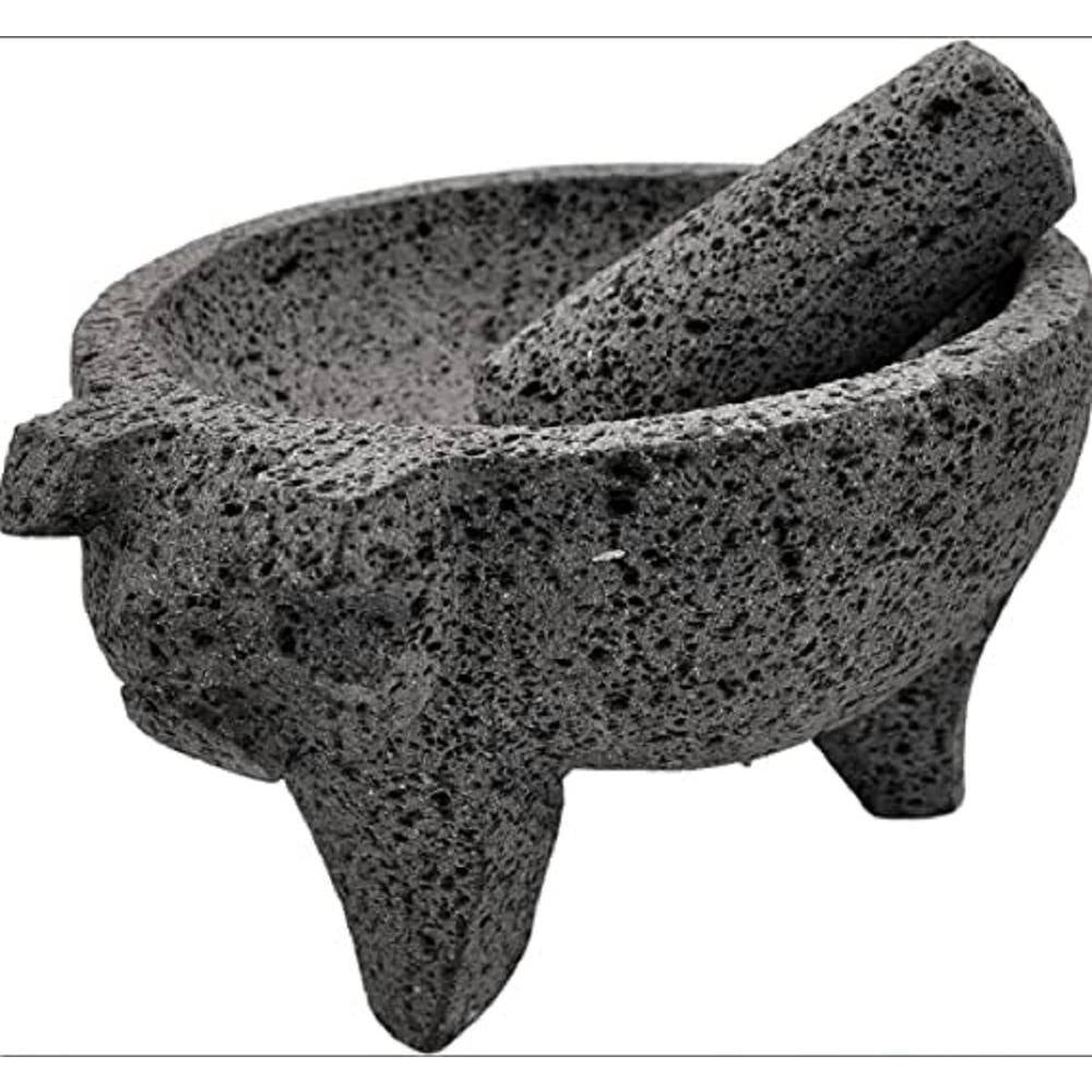 8.6 In. Mexican Hand-Made Lava Stone Mortar and Pestle Ideal as Herb Bowl, Spice Grinder Pig Design