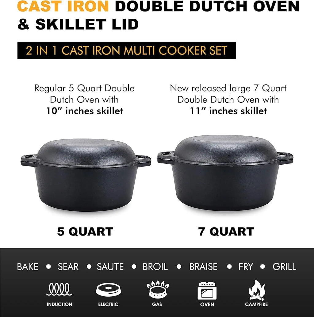 7-Quart Pre-Seasoned Cast Iron Double Dutch Oven with Skillet Lid - Versatile Heavy-Duty Casserole and Braising Pan - Oven Safe Black Cookware (14.7 x 6.9 Inches)