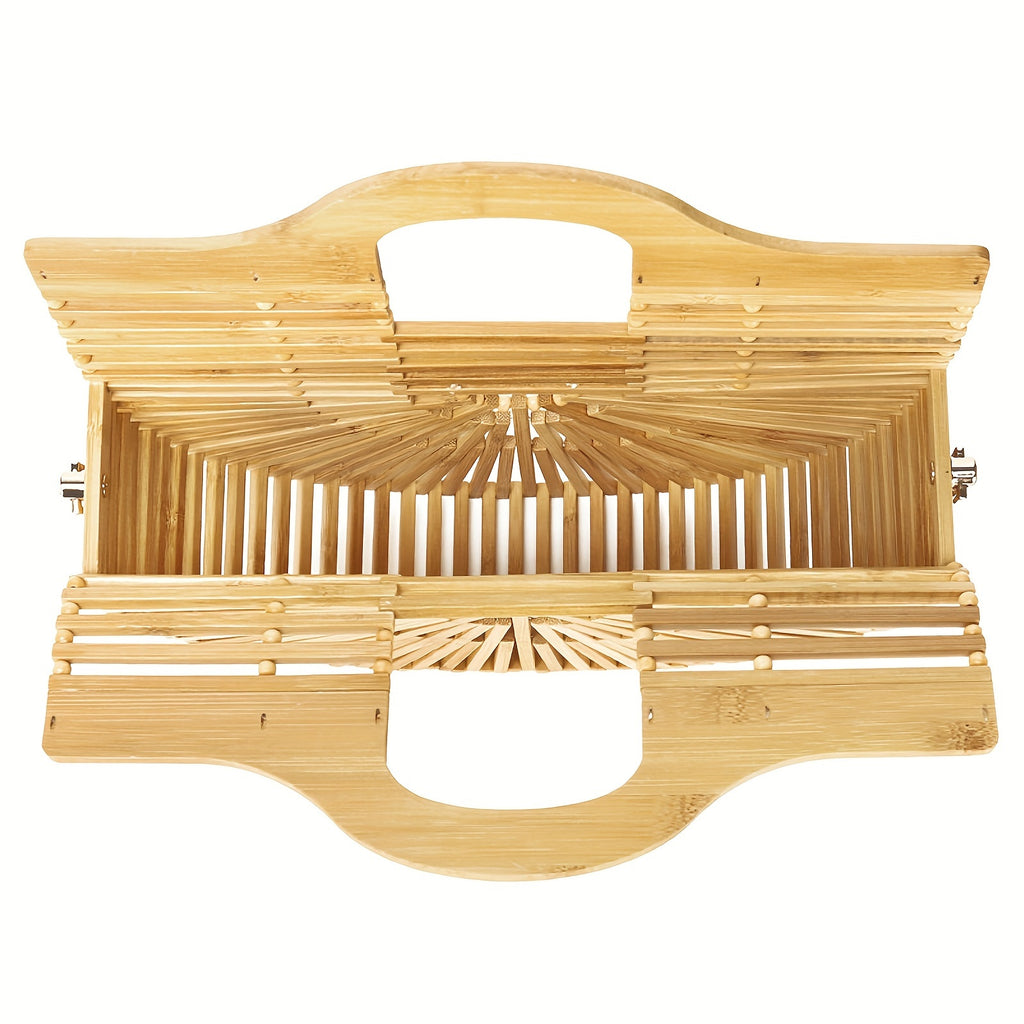 Women's Retro Style Bamboo Woven Handbag With Chain Strap, Hollow Out Beach Tote, Versatile Shoulder & Crossbody Bag, Vintage Bamboo Handle Purse Chef's Market