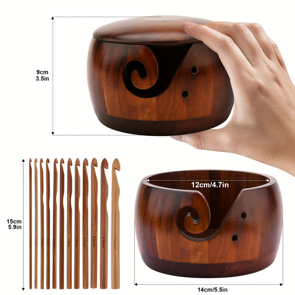 Elegant 1 Set Handcrafted Wooden Yarn Bowl with Lid & 12 Bamboo Crochet Hooks - Wool Yarn Holder Organizer for Knitting Enthusiasts - Artistic Craft Storage - Perfect for Crochet Projects Chef's Market