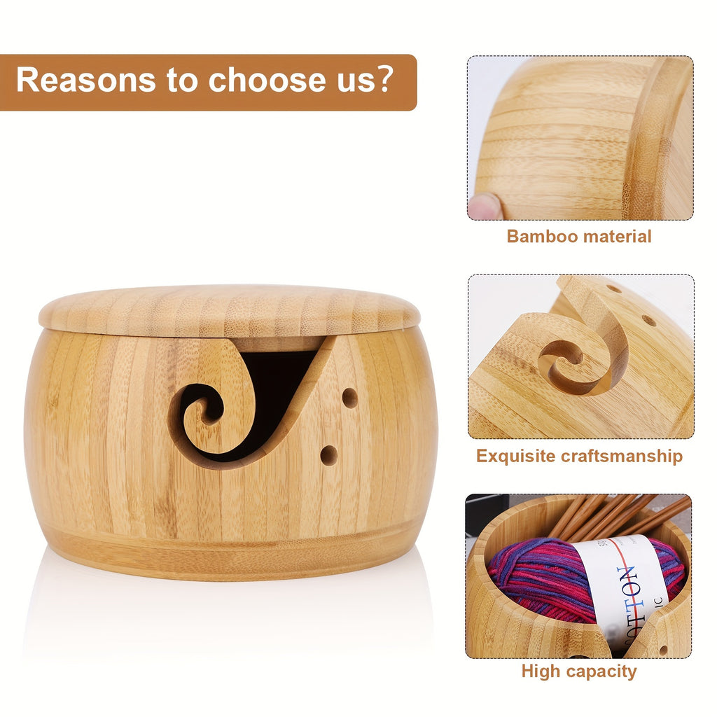 Elegant 1 Set Handcrafted Wooden Yarn Bowl with Lid & 12 Bamboo Crochet Hooks - Wool Yarn Holder Organizer for Knitting Enthusiasts - Artistic Craft Storage - Perfect for Crochet Projects Chef's Market