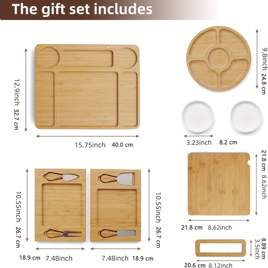 Premium Bamboo Cheese Board Set with Knife, Fork, and Spoon - Perfect for Christmas, Thanksgiving, Easter, Halloween, and More - Includes Cheese Board, Fruit Platter, and Dipping Sauces Chef's Market