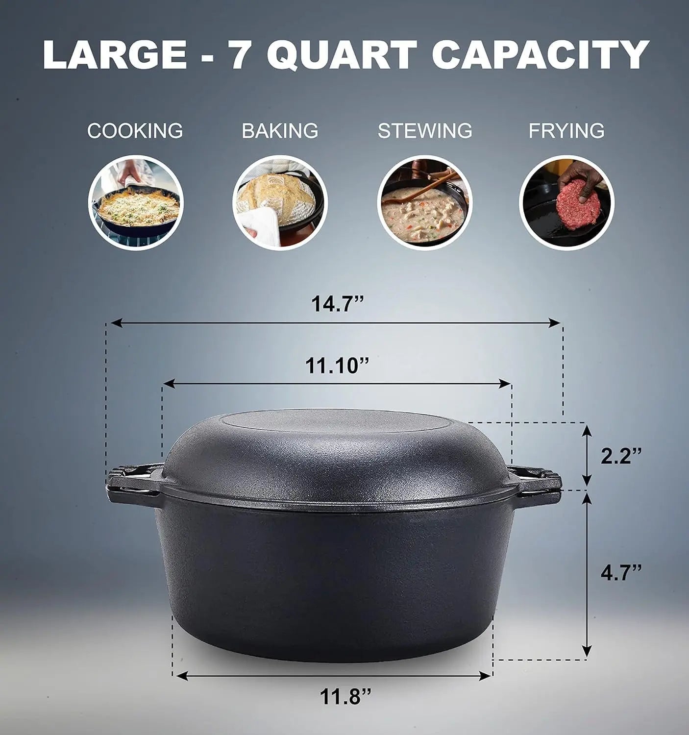7-Quart Pre-Seasoned Cast Iron Double Dutch Oven with Skillet Lid - Versatile Heavy-Duty Casserole and Braising Pan - Oven Safe Black Cookware (14.7 x 6.9 Inches)