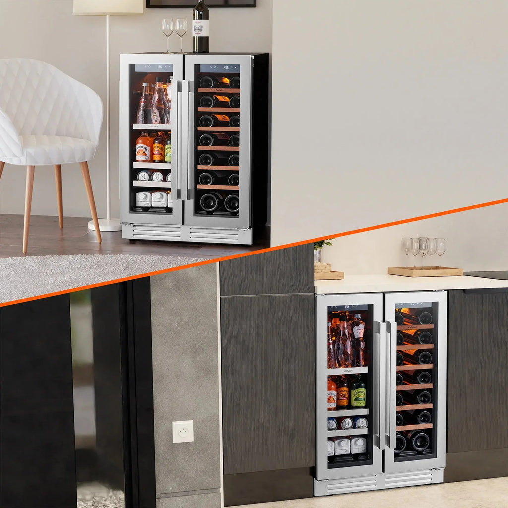 24 Inch Wine Cooler Beverage Refrigerator, Hold 60 Cans and 21 Bottles Dual Zone Wine Fridge with Stainless Steel French Door