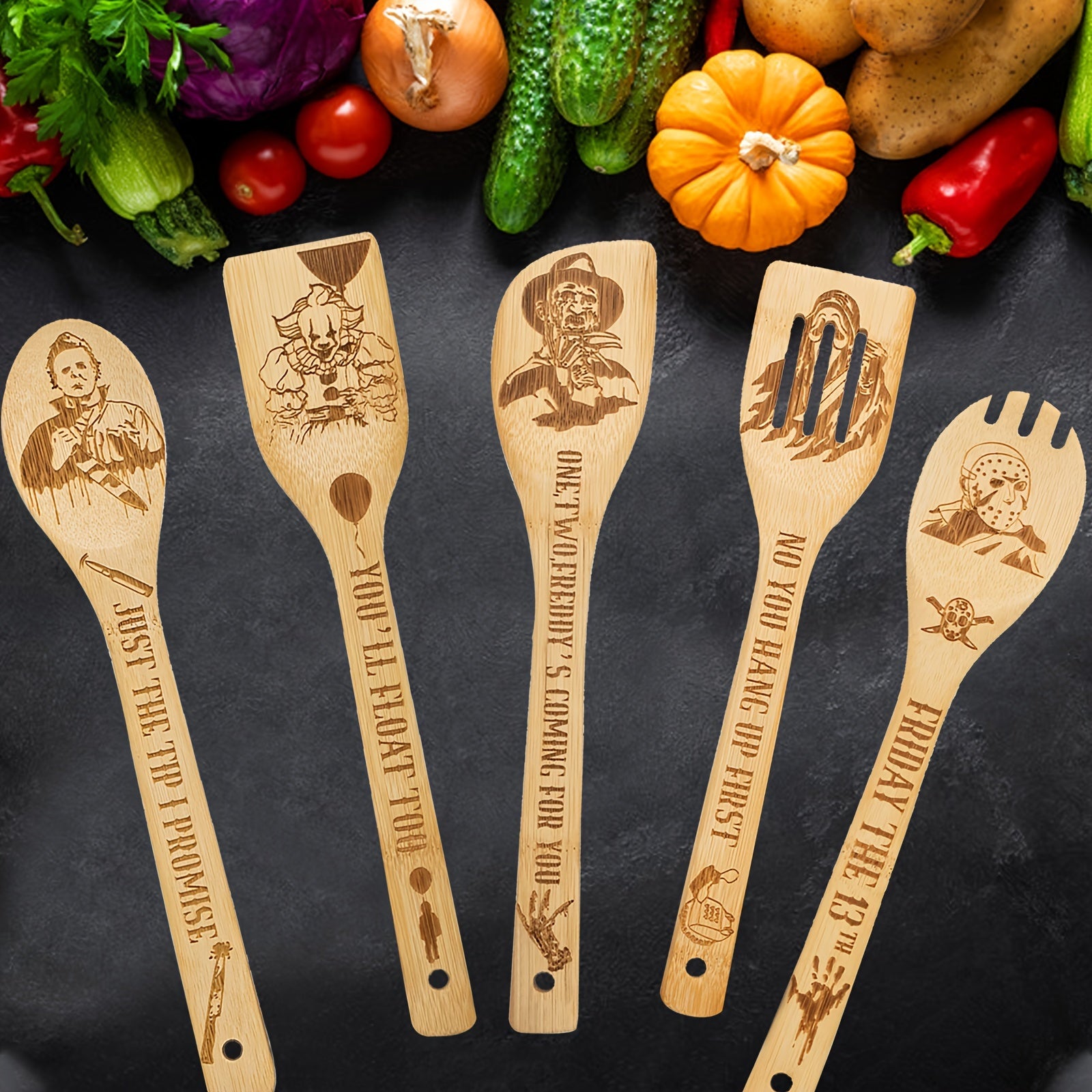 5Pcs Cooking Spoons, Funny Engraved Wooden Cooking Spoons, Horror Character Bamboo Wood Utensils, Cookware Kit, Horror Movie Theme Kitchen Decor, Gift For Movie Lover, Christmas Party Housewarming Birthday Gift Chef's Market