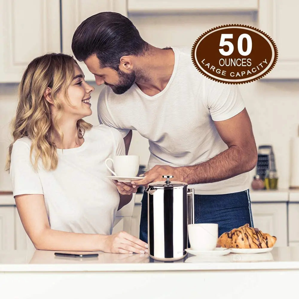 French Press Coffee Maker, 304 Grade Stainless Steel Insulated Coffee Press with 2 Extra Screens, 50Oz (1.5 Litre), Silver