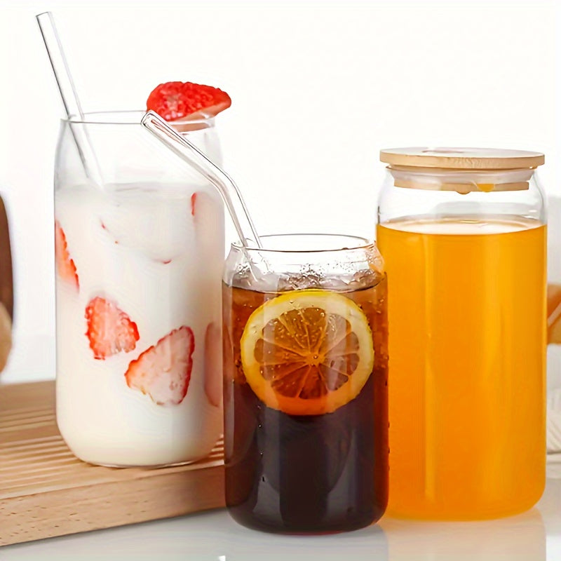 500ml/16 oz Clear Glass cup with Bamboo Lid and Straw - Great for Juice, Beer, Milk, Cute Breakfast Cups Chef's Market