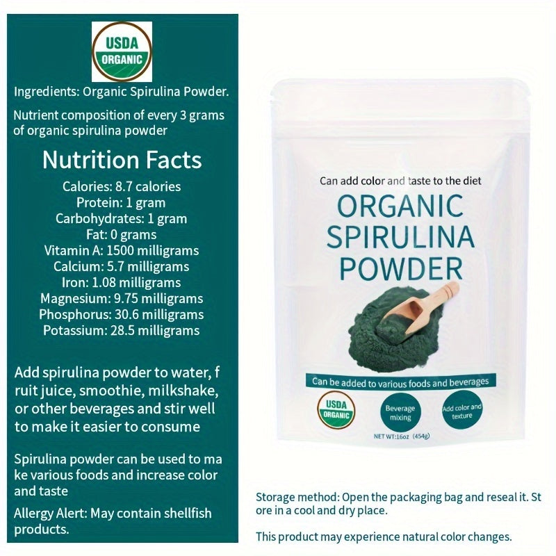 Organic Spirulina Powder, 16 Oz/green Superfood, Spirulina Powder Extract, Without Additives, Added To Milkshakes, Milkshakes, Salads, Oats, Yogurt, Muffins, Desserts, And More. Chef's Market