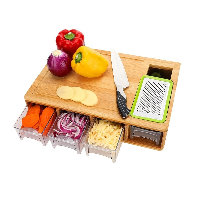 1pc, Bamboo Cutting Board With Drawer Tray, Bamboo Cutting Board With Sliding Out Tray, Chopping Board, Fruit Cutting Board, Kitchen Utensils, Apartment Essentials Chef's Market