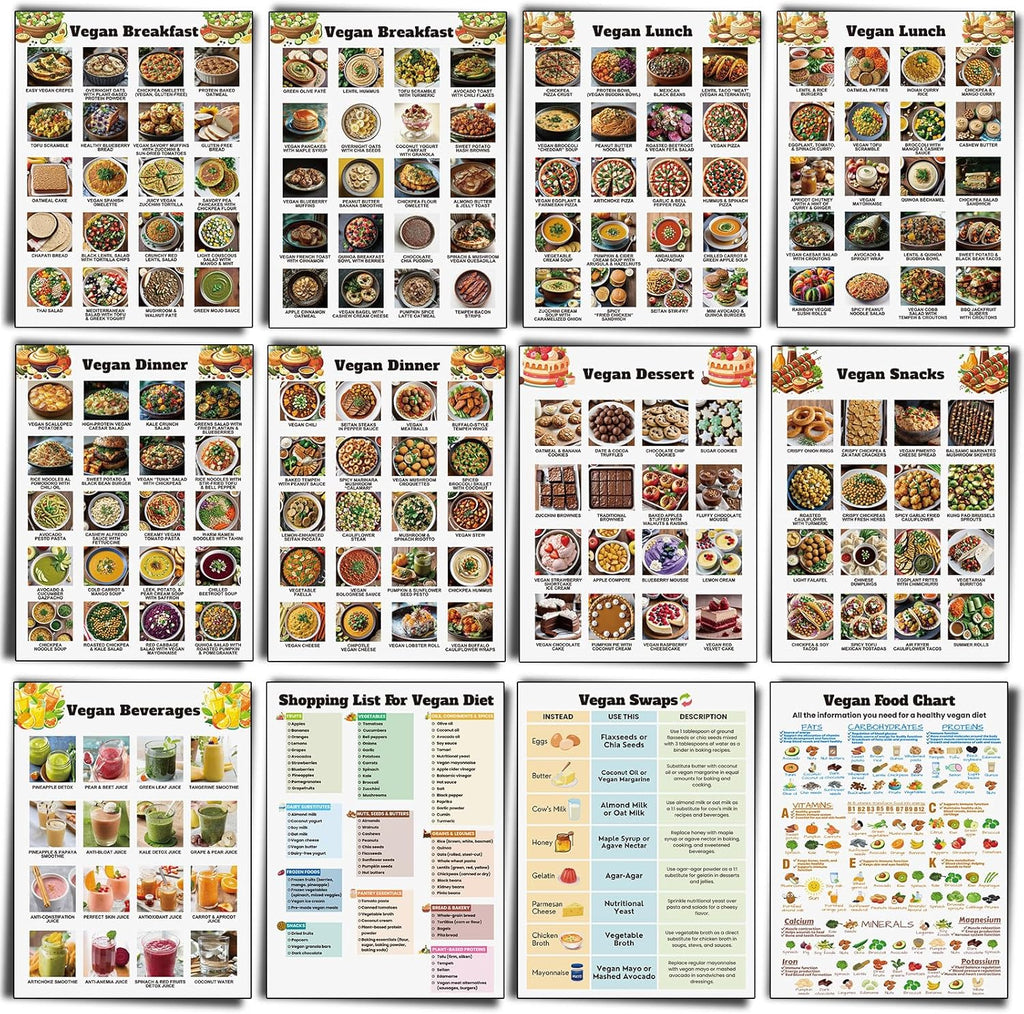 12 Pcs Vegan Food List Poster Vegan Diet Meal Plan High Protein Veggie Food Char