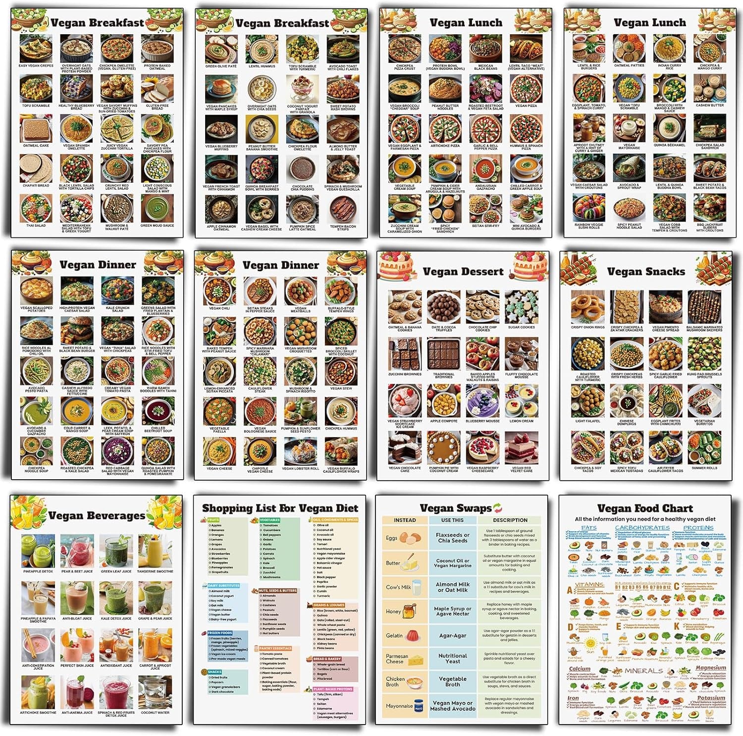 12 Pcs Vegan Food List Poster Vegan Diet Meal Plan High Protein Veggie Food Char