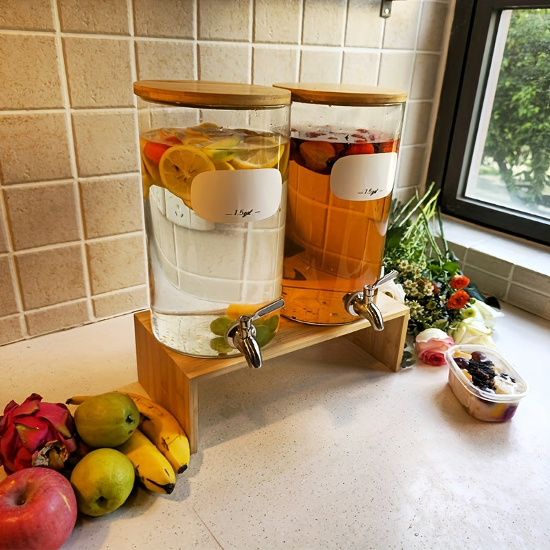 1.5 Gallon Large Capacity Drink Dispenser - Iced Beverage Dispensers with Stand, Stainless Steel Spigot, 8 Waterproof Labels, Bamboo Lid, Borosilicate Glass - Perfect for Parties, Outdoor Events, Lemonade, Juice, and Iced Tea Chef's Market