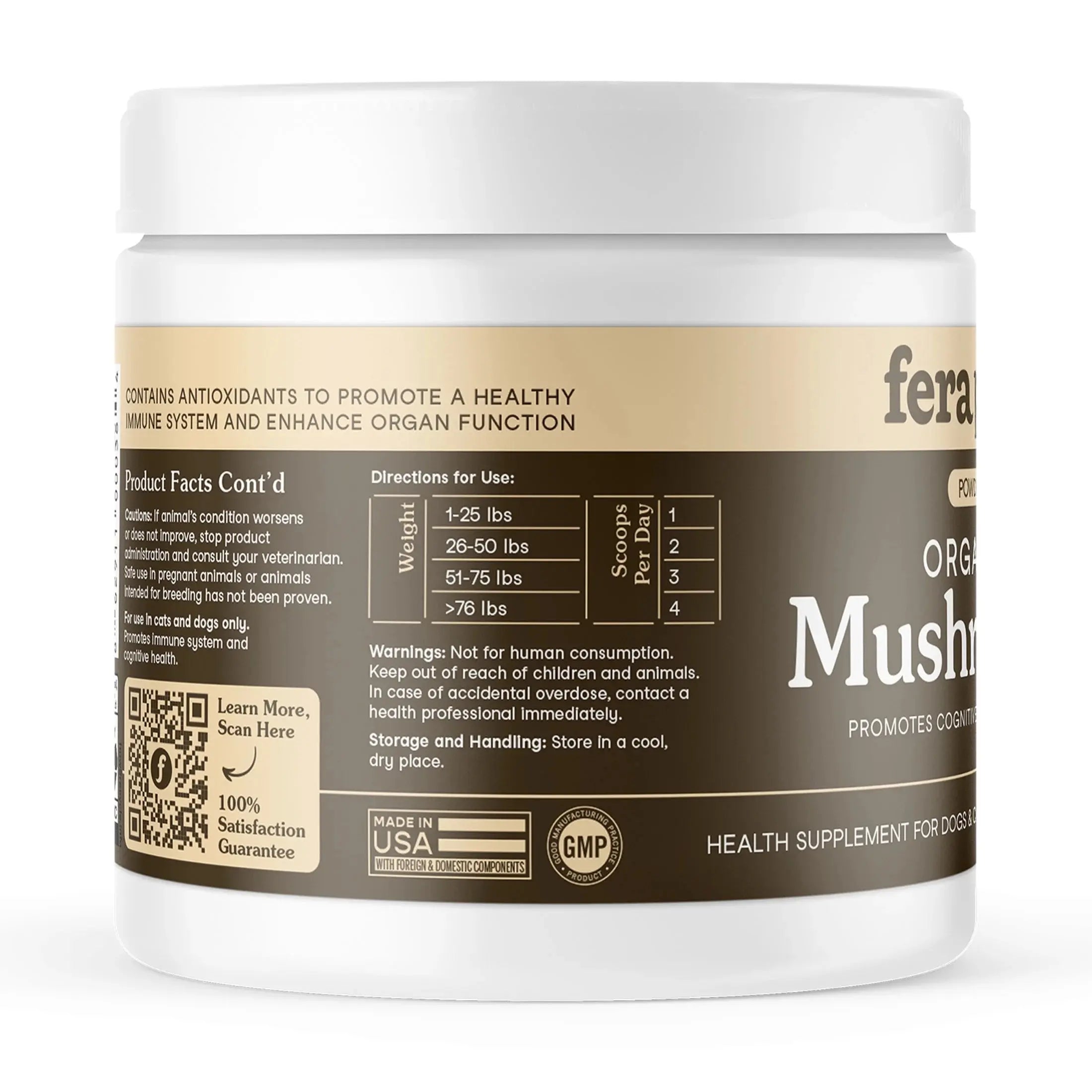 Mushroom Supplement for Dogs & Cats - with Turkey Tail - USDA Organic - Promotes Cognitive & Immune Health - 120 Scoops