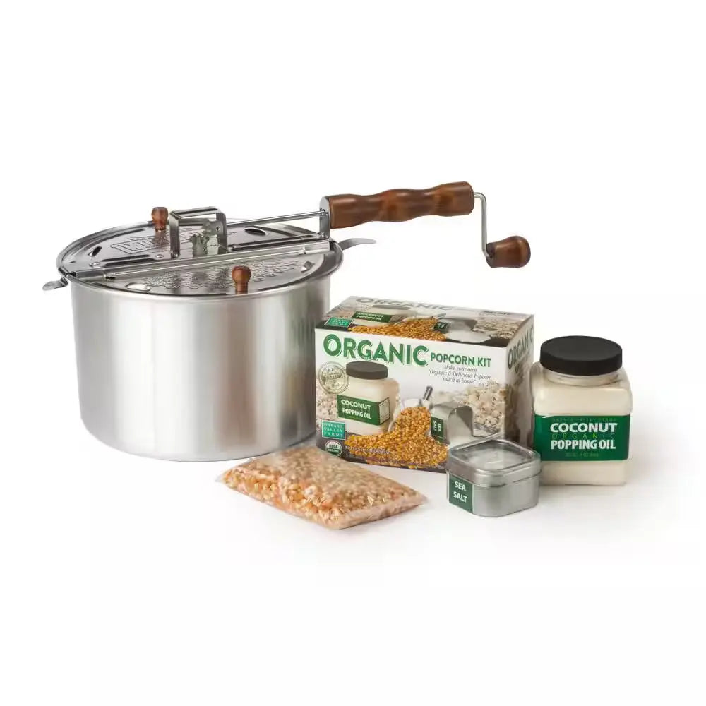 4-Piece Aluminum Silver Stovetop Popcorn Popper Set with DIY Organic Popcorn Kit