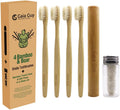Bamboo and Boar Bristle Toothbrush (4 Pack) + Travel Case & Silk Dental Floss | 100% Compostable Bristles and Floss | Eco-Friendly Dental Set | Biodegradable & Compostable Wooden Toothbrushes