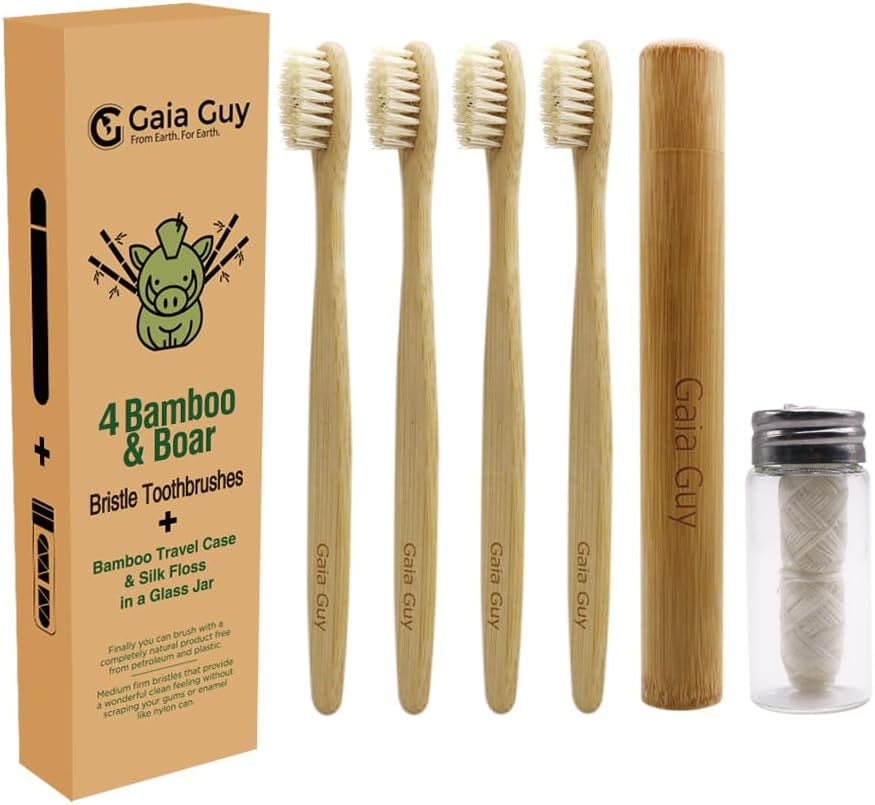 Bamboo and Boar Bristle Toothbrush (4 Pack) + Travel Case & Silk Dental Floss | 100% Compostable Bristles and Floss | Eco-Friendly Dental Set | Biodegradable & Compostable Wooden Toothbrushes