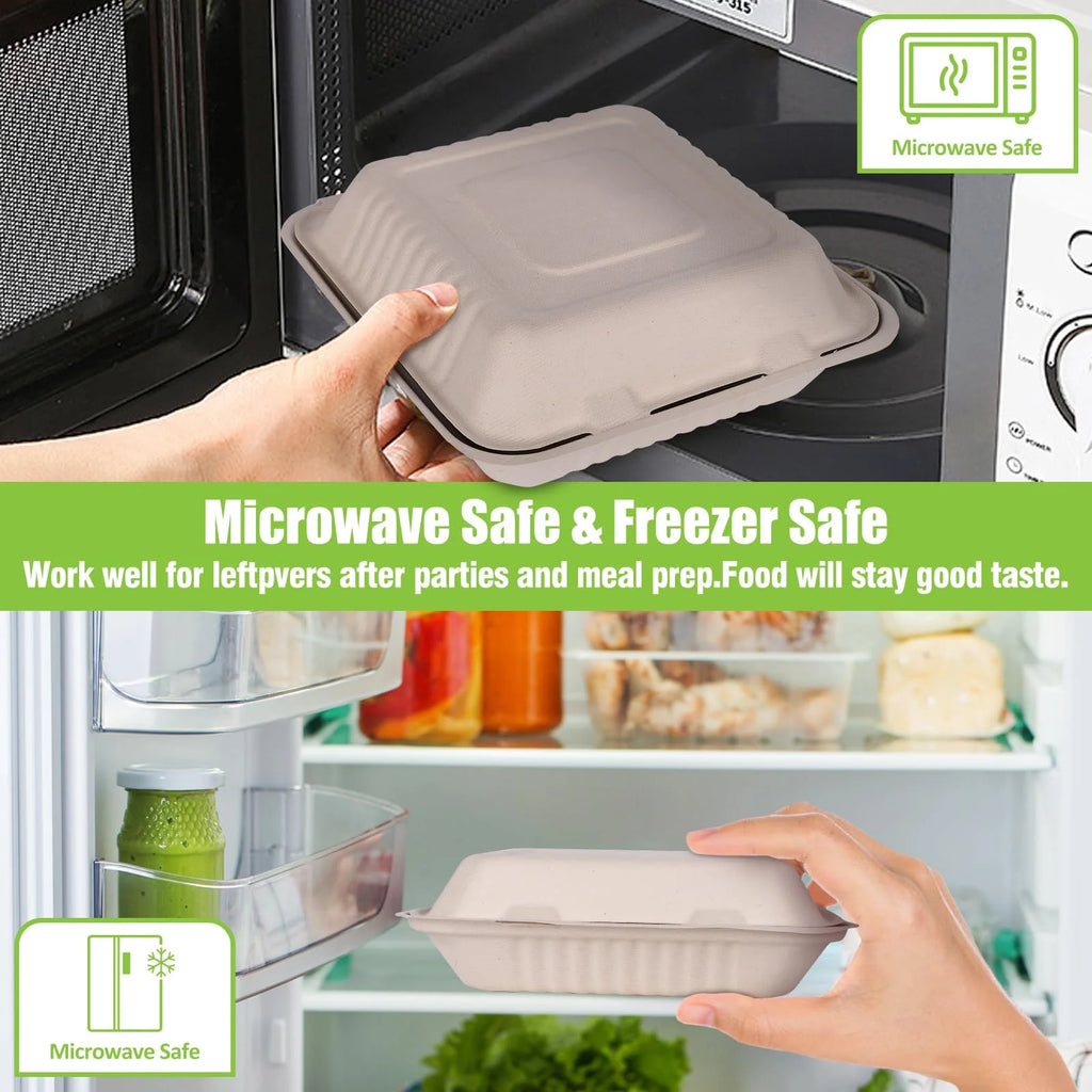 200Pack Compostable Take Out Container 10X10, Disposable to Go Food Boxes with 3 Compartments, Biodegradable Clamshell Container