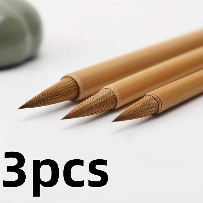 3 Pcs Bamboo Calligraphy Brushes - Suitable for European, Yan, Liu, Zhao Bodies and Landscape Painting - Wooden, Water Washable, Twist Closure, Round Body, Fine Point Chef's Market
