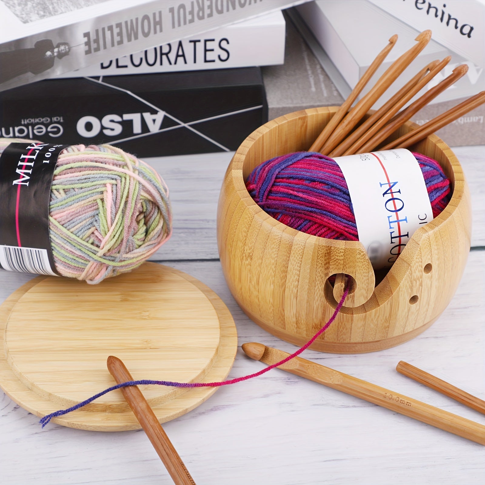 Elegant 1 Set Handcrafted Wooden Yarn Bowl with Lid & 12 Bamboo Crochet Hooks - Wool Yarn Holder Organizer for Knitting Enthusiasts - Artistic Craft Storage - Perfect for Crochet Projects Chef's Market