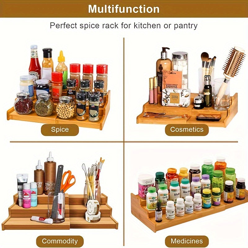 1PC Bamboo Trapezoidal Spice Rack - Kitchen Cabinet Storage Rack with Three-Layer Expandable Display, Seasoning Organizer, and Space-Saving Design for Efficient Storage Chef's Market