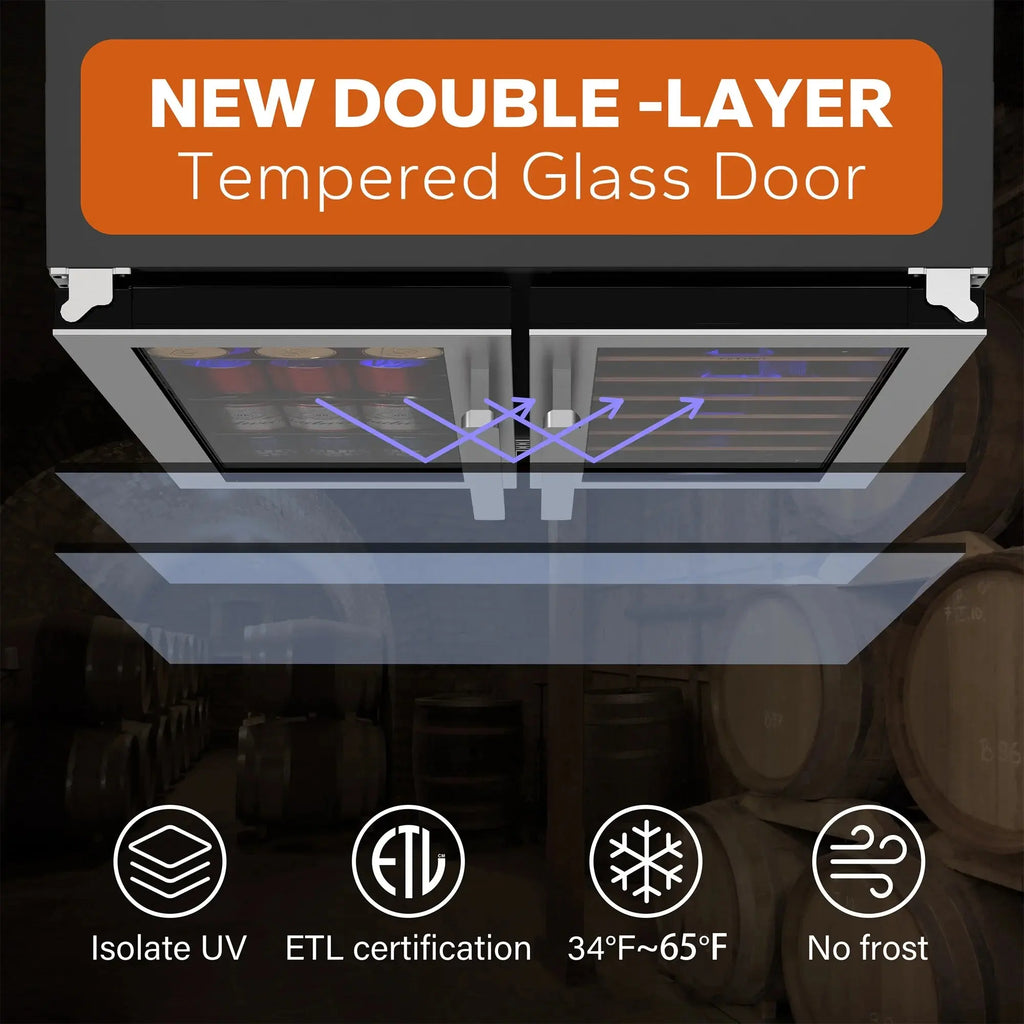 24 Inch Wine Cooler Beverage Refrigerator, Hold 60 Cans and 21 Bottles Dual Zone Wine Fridge with Stainless Steel French Door