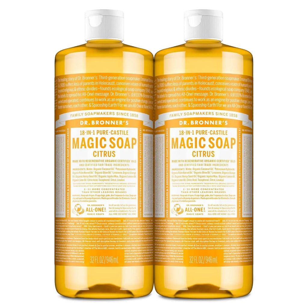 Magic Soap-Pure-Castile Liquid Soap (Citrus, 32Oz, 2-Pack)-Regenerative Organic Certified Oils, 18-In-1 Uses: Body, Hair, Laundry, Pets & Dishes, Concentrated, Vegan, Non-Gmo